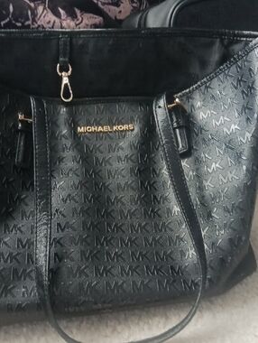 Michael Kors Black Embossed Logo Tote with Gold Hardware